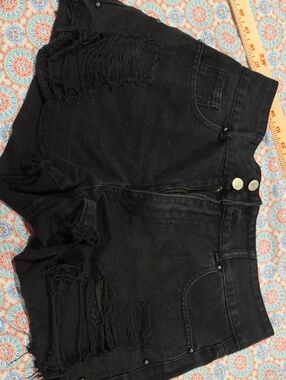 SHEIN Black Cotton Denim Shorts with Distressed Detail